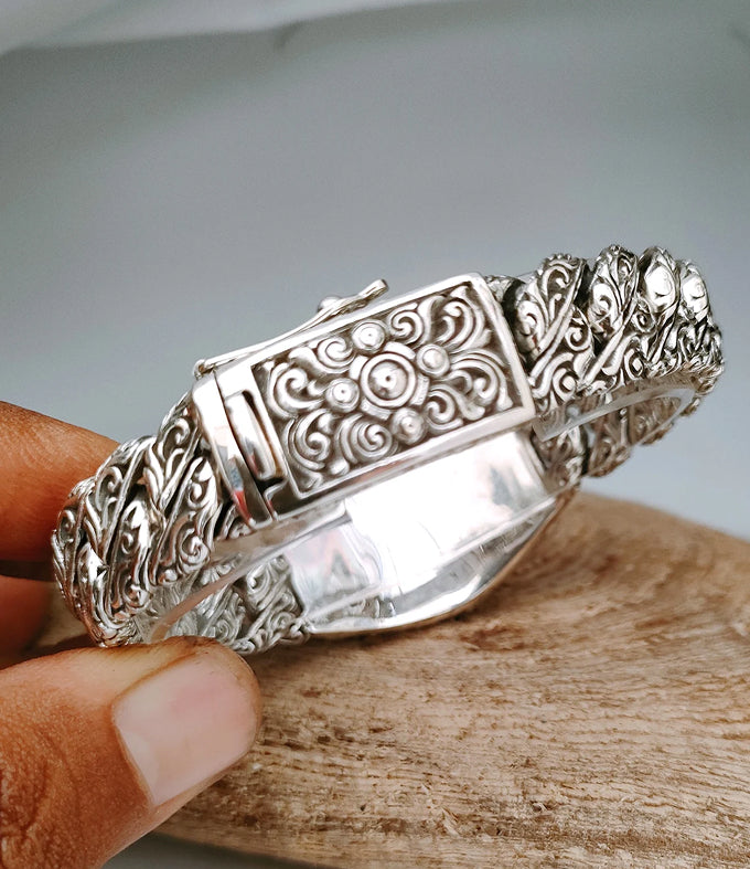 Mens Sterling Silver Goddess Kali Bracelet, Handmade Cuban Chain