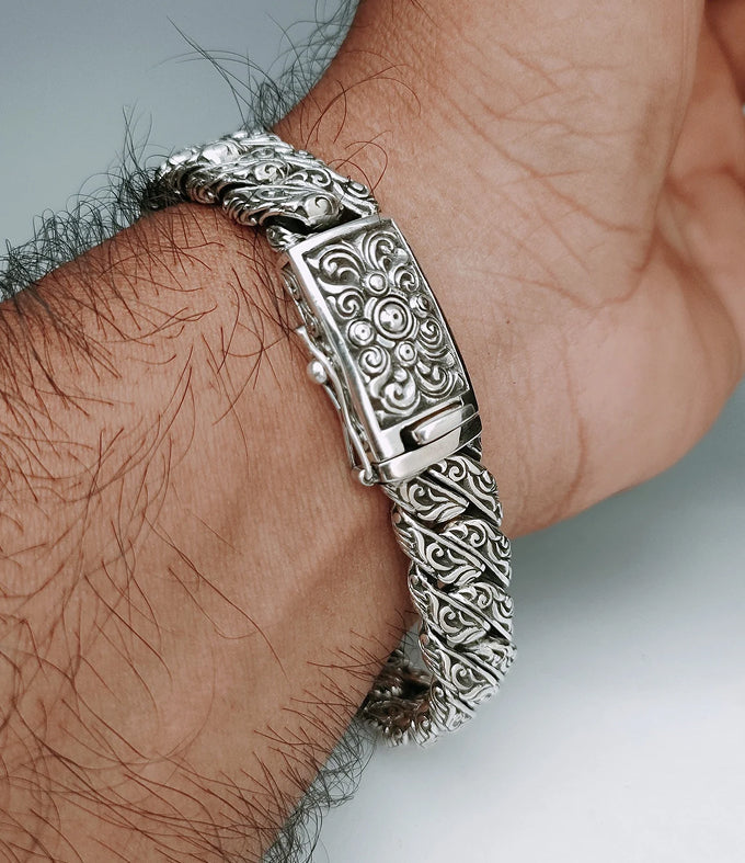 Mens Sterling Silver Goddess Kali Bracelet, Handmade Cuban Chain