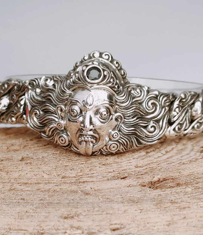 Mens Sterling Silver Goddess Kali Bracelet, Handmade Cuban Chain