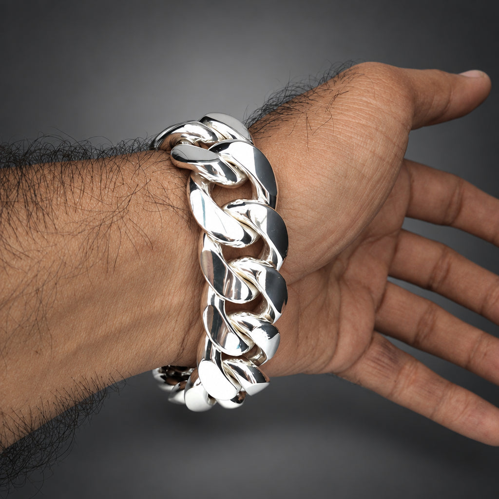 Silver chain bracelet on a wrist against a white background