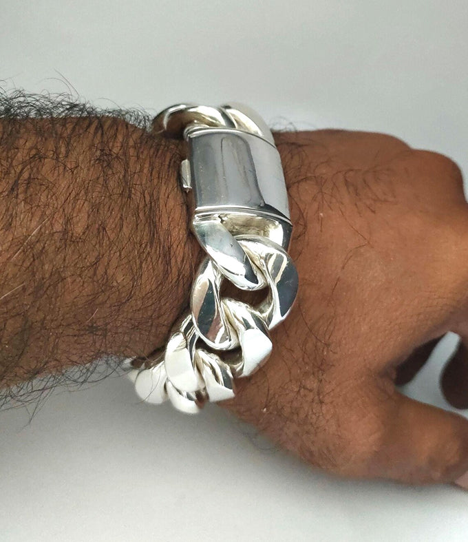 Heavy 999 Solid Silver Curb Bracelet - Handmade Men's Jewelry