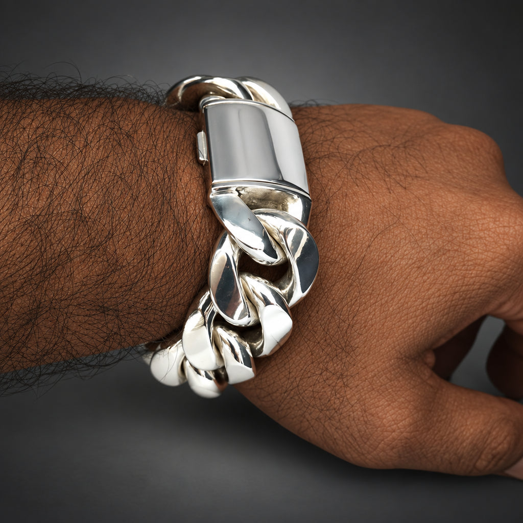 Heavy 23–25mm 999 Silver Curb Bracelet for Men