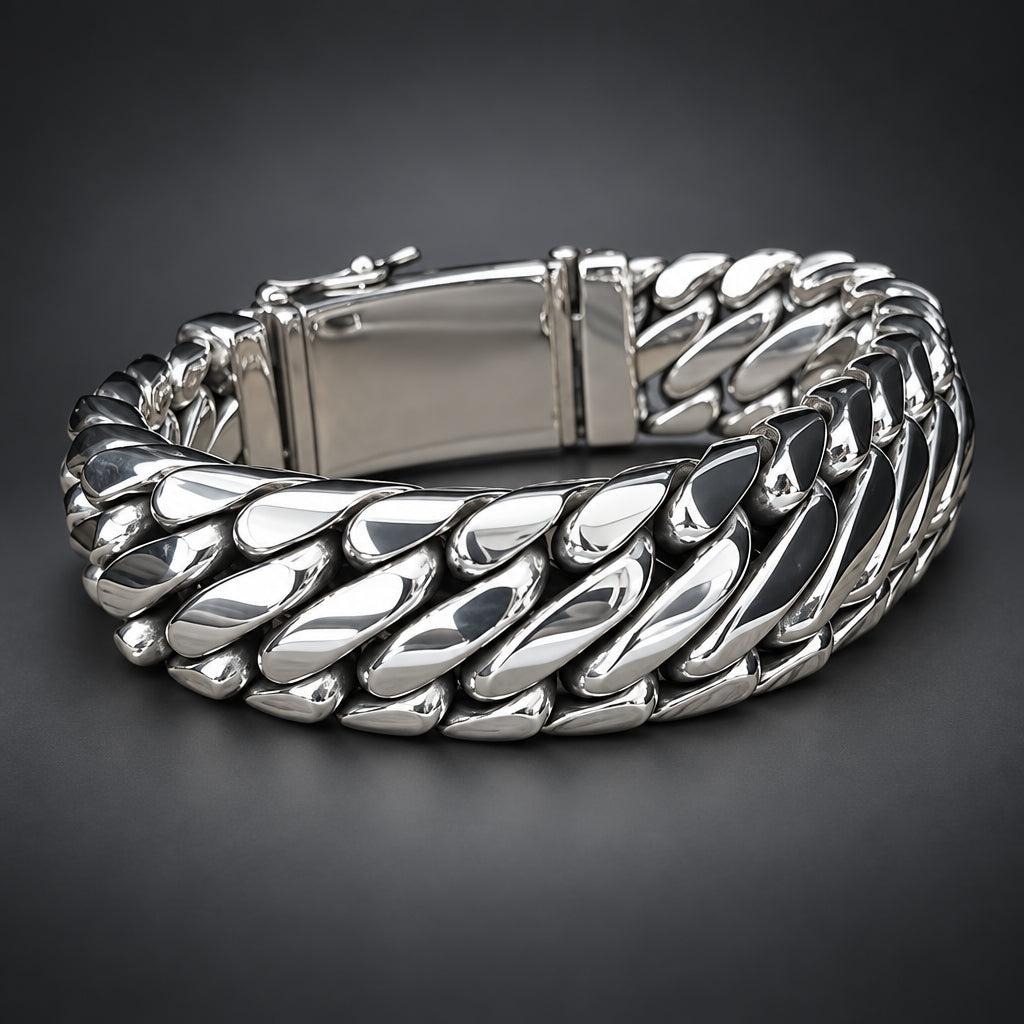 Silver chain bracelet on a wooden surface with a dark background