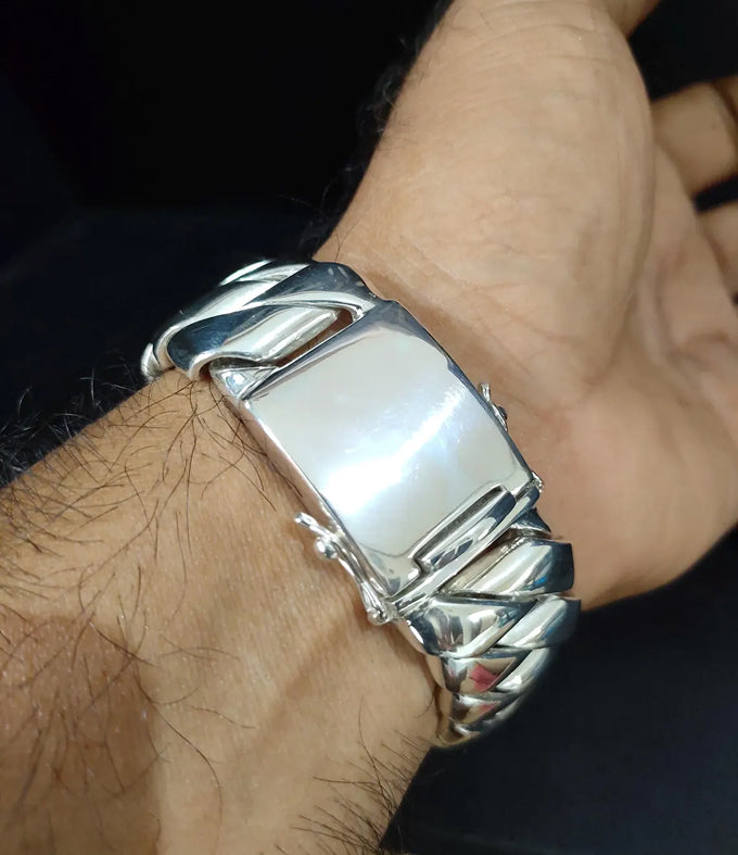 Handmade 999 Silver Curb Chain Bracelet - Heavy Mens Jewelry