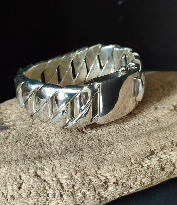 Handmade 999 Silver Curb Chain Bracelet - Heavy Mens Jewelry