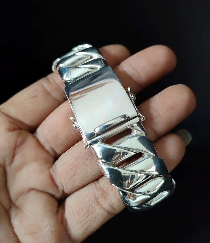 Handmade 999 Silver Curb Chain Bracelet - Heavy Mens Jewelry