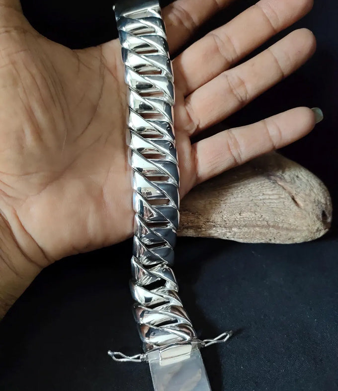 Handmade 999 Silver Curb Chain Bracelet - Heavy Mens Jewelry