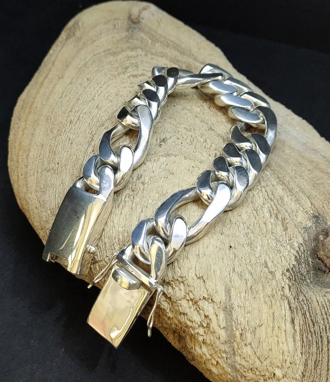 Heavy 999 Pure Silver Figaro Chain Bracelet, Men's Gift
