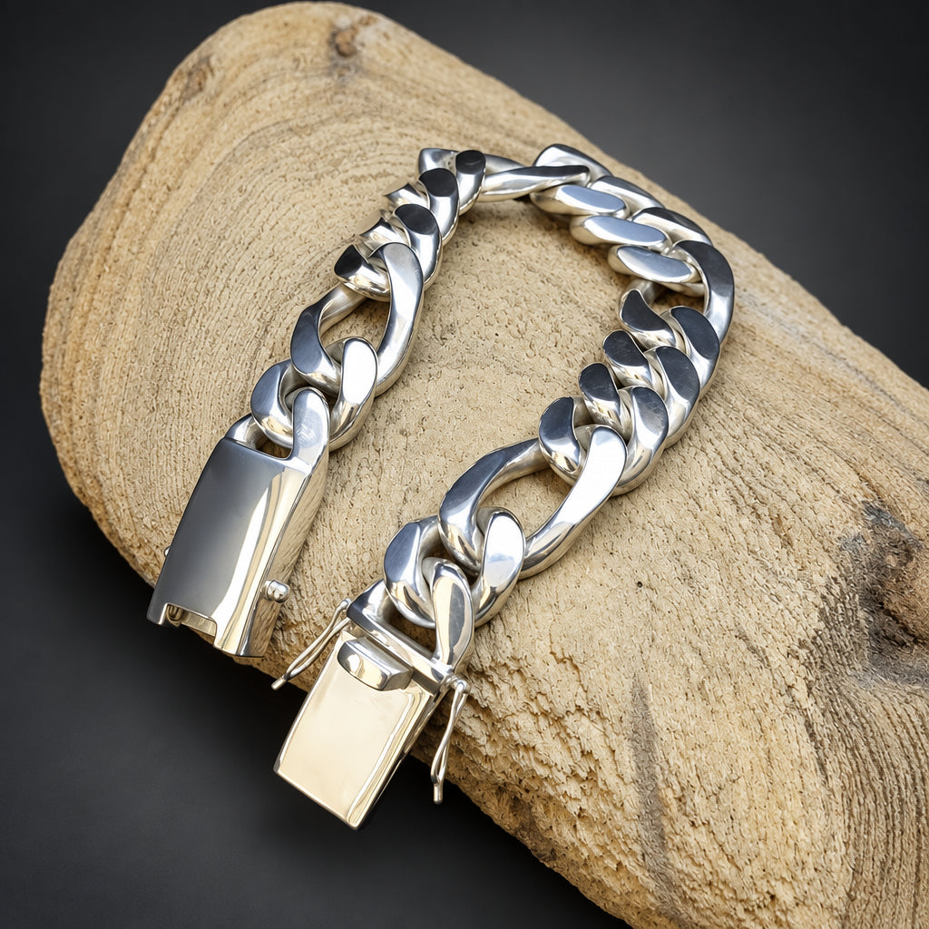Men’s 999 Fine Silver Figaro Chain Bracelet, 18mm Heavyweight