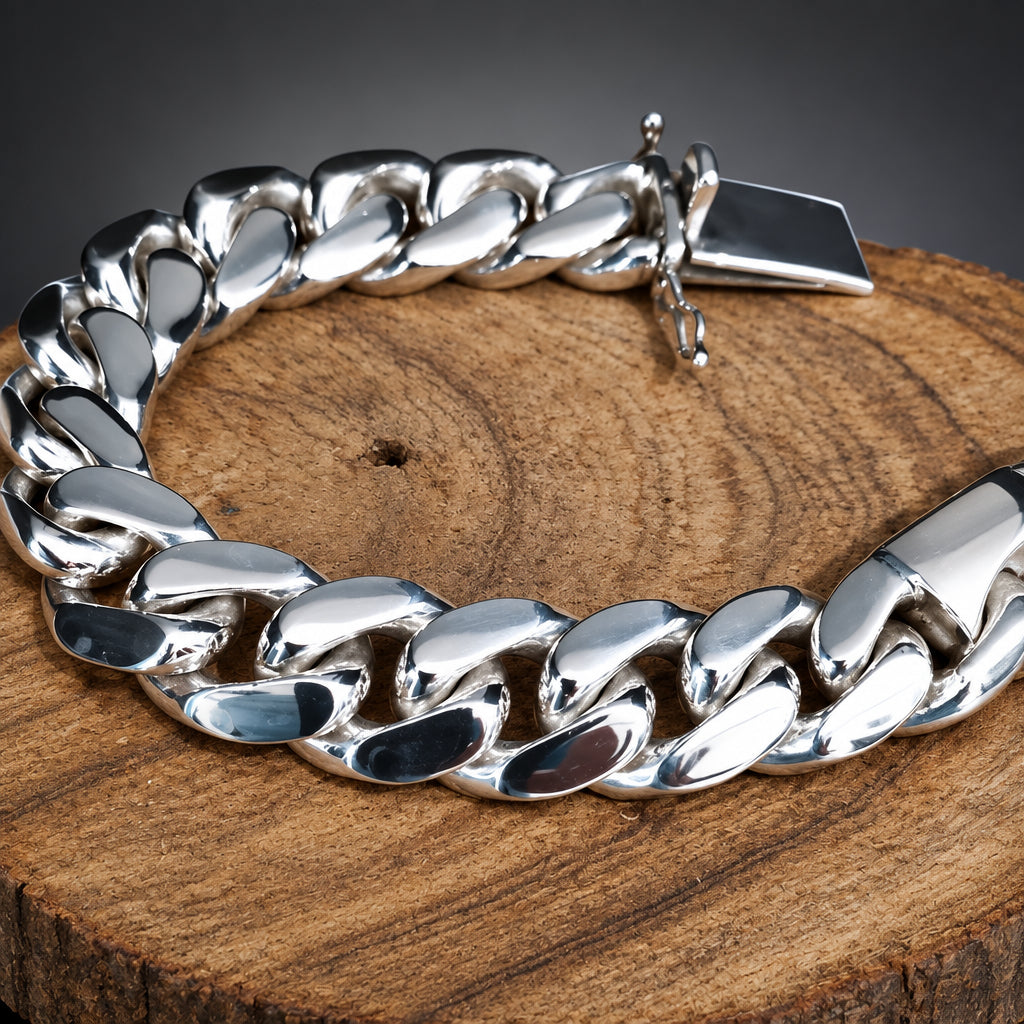 Men’s 999 Pure Silver Curb Chain Bracelet, 18mm Heavyweight