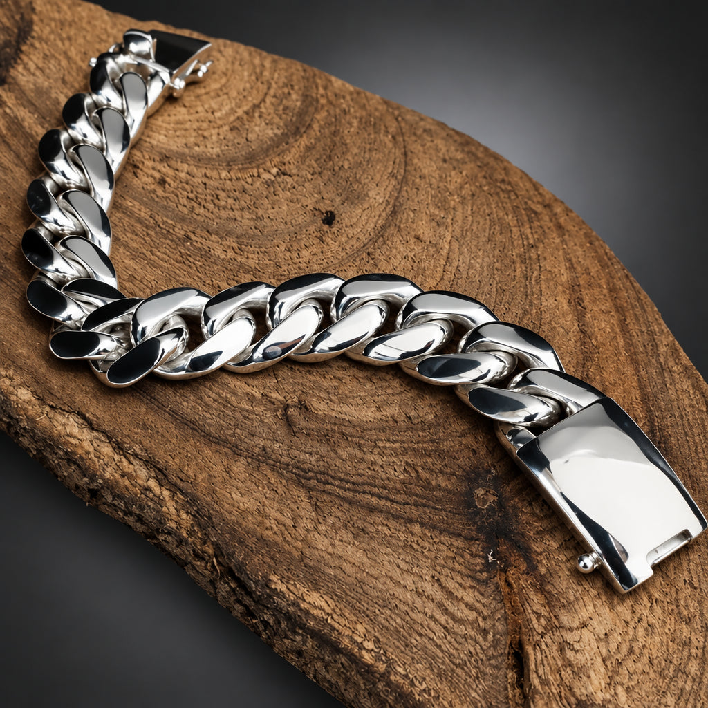 Men’s 999 Pure Silver Curb Chain Bracelet, 18mm Heavyweight