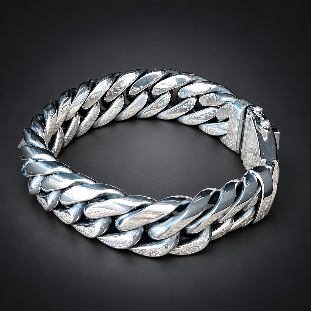 Silver chain bracelet on a wooden surface
