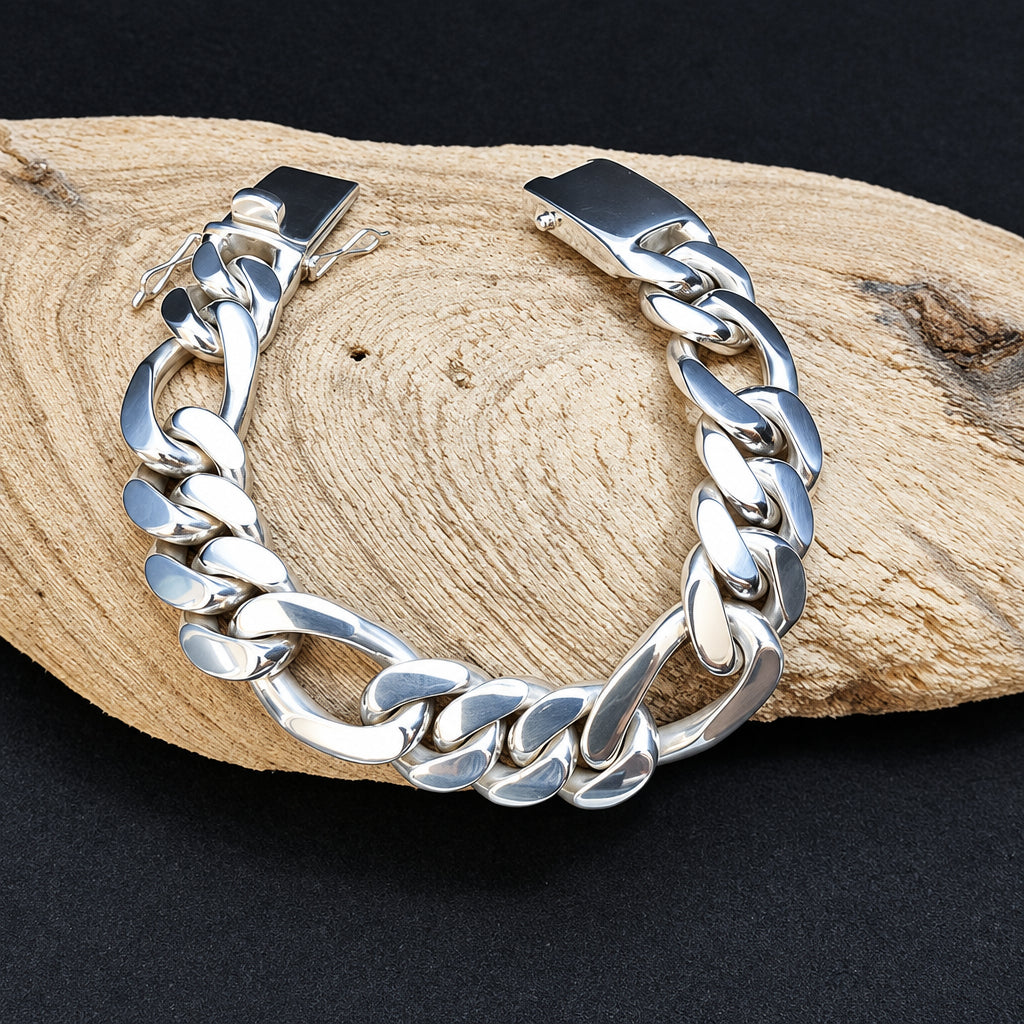Men’s 999 Pure Silver Figaro Bracelet, 16mm Heavyweight