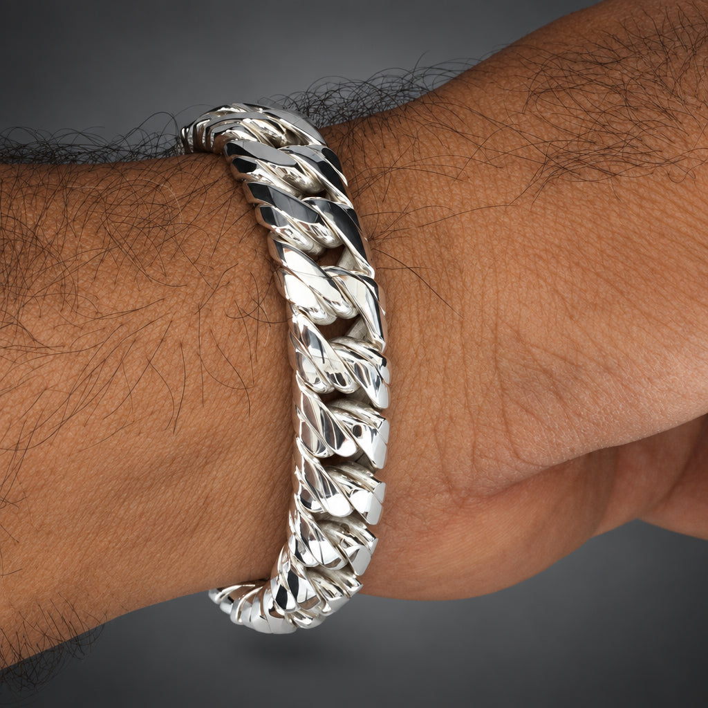 Men’s 999 Pure Silver Double Curb Chain Bracelet, 14mm