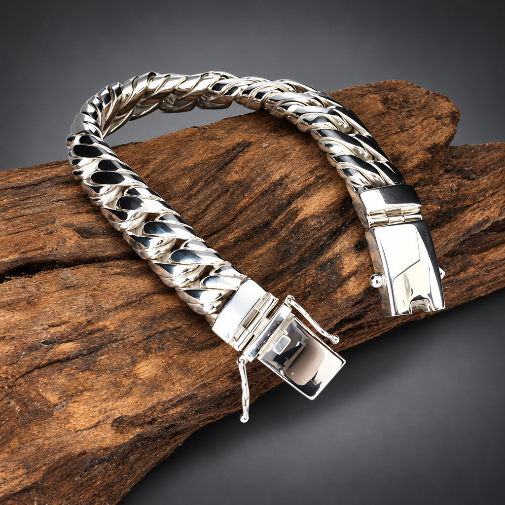 Men’s 999 Pure Silver Double Curb Chain Bracelet, 14mm
