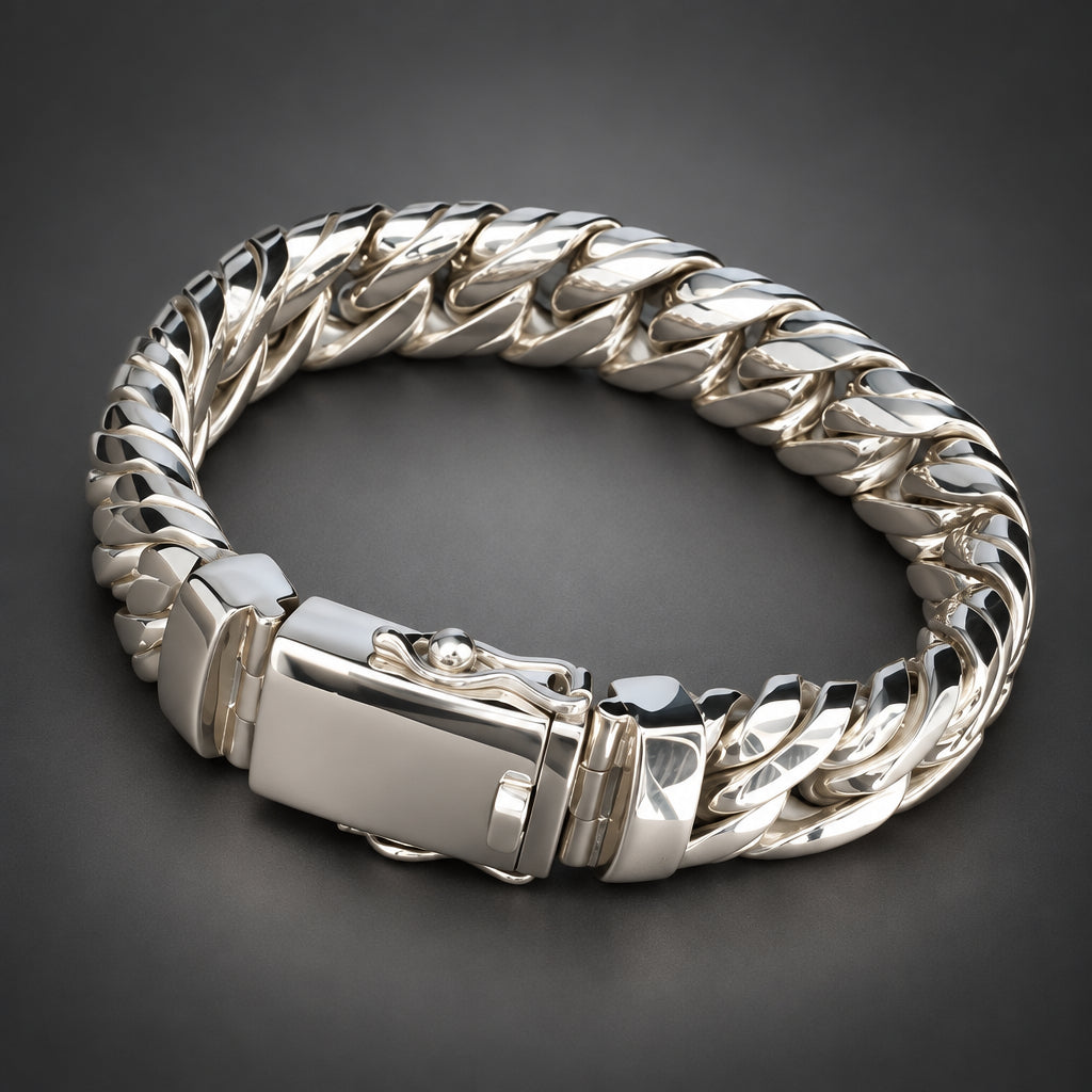 Men’s 999 Pure Silver Double Curb Chain Bracelet, 14mm
