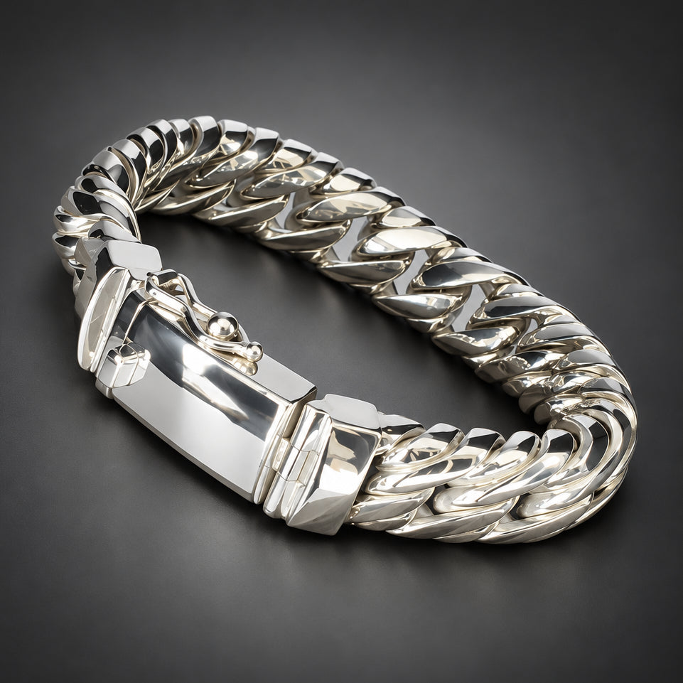 Men’s 999 Pure Silver Double Curb Chain Bracelet, 14mm