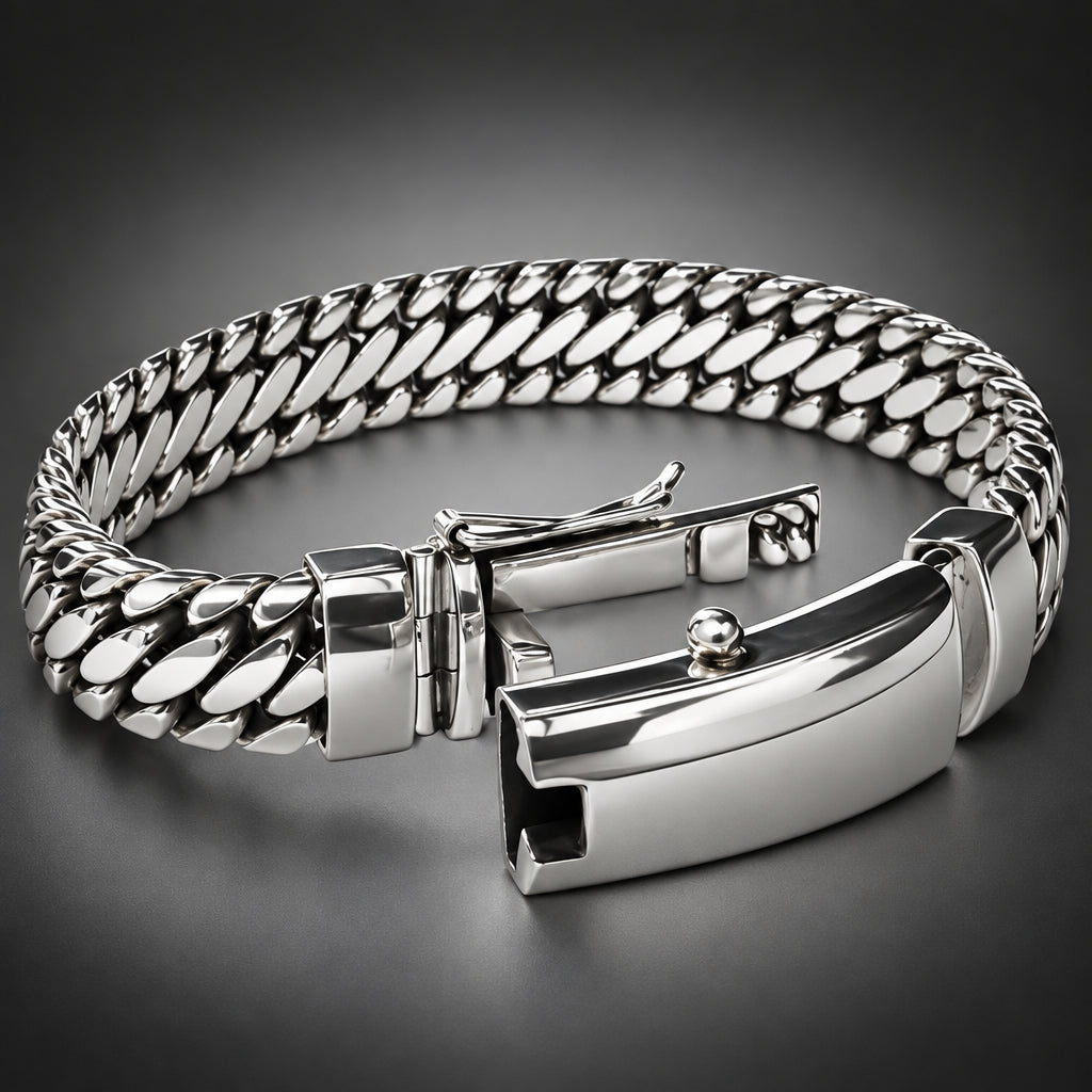 A silver-toned metal chain bracelet with a polished rectangular clasp, shown on a light gray background.