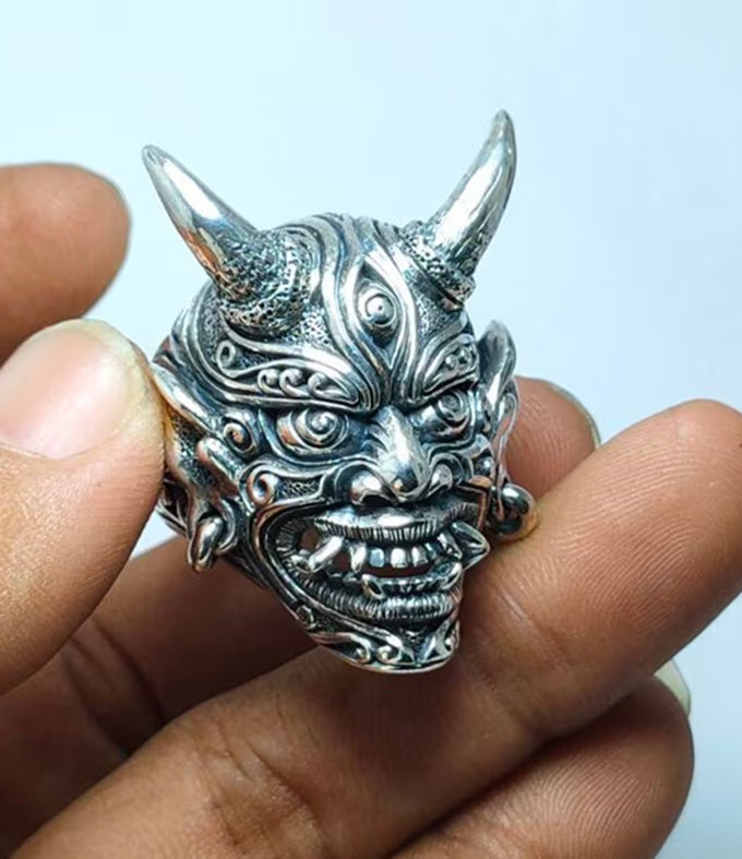 Samurai ring silver, Oni Japanese ring, Handmade jewelry.