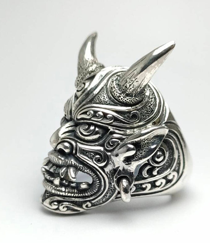 Samurai ring silver, Oni Japanese ring, Handmade jewelry.