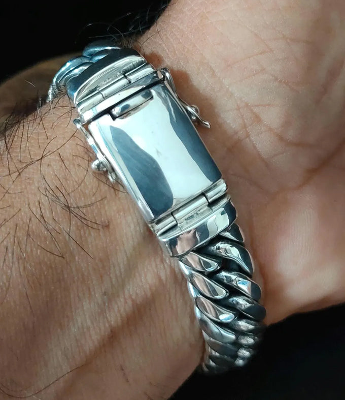 Mens 999 Fine Silver Curb Chain Bracelet: Handmade Balinese Jewelry