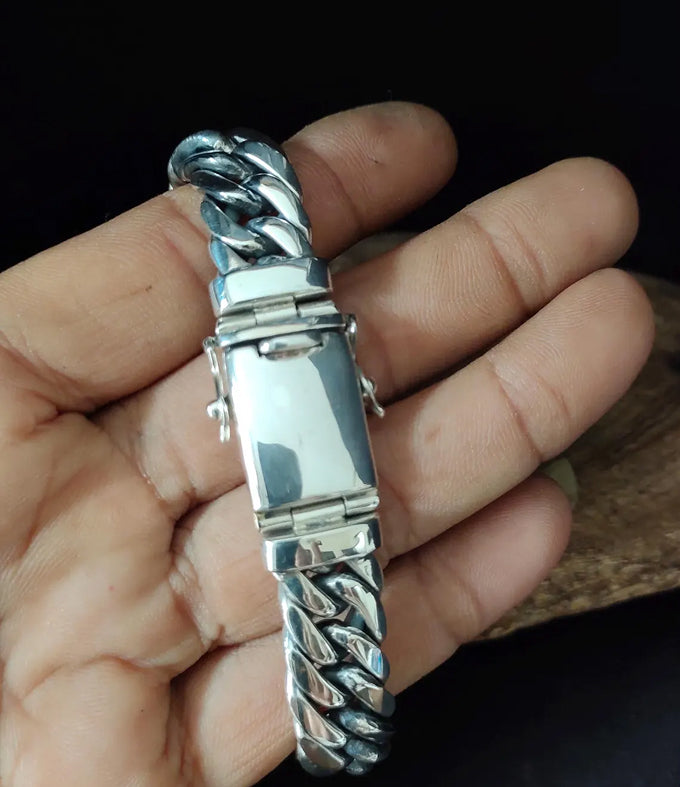 Mens 999 Fine Silver Curb Chain Bracelet: Handmade Balinese Jewelry