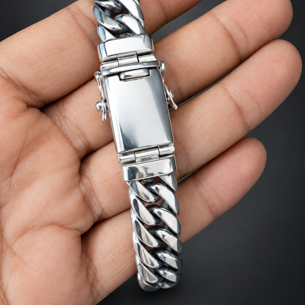 Mens 999 Fine Silver Curb Chain Bracelet: Handmade Balinese Jewelry