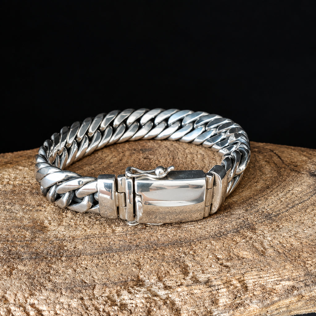 Mens 999 Fine Silver Curb Chain Bracelet: Handmade Balinese Jewelry