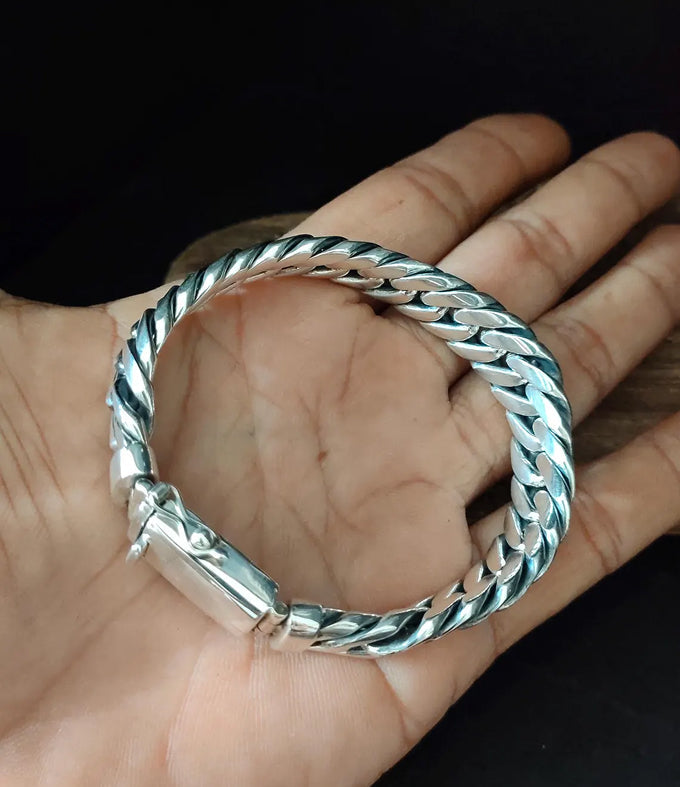 Mens 999 Fine Silver Curb Chain Bracelet: Handmade Balinese Jewelry