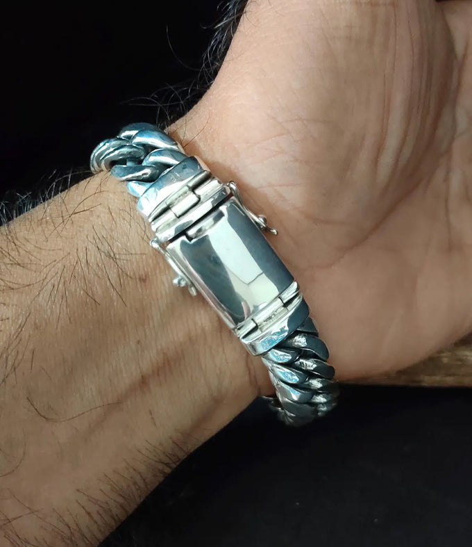 Mens 999 Fine Silver Curb Chain Bracelet: Handmade Balinese Jewelry