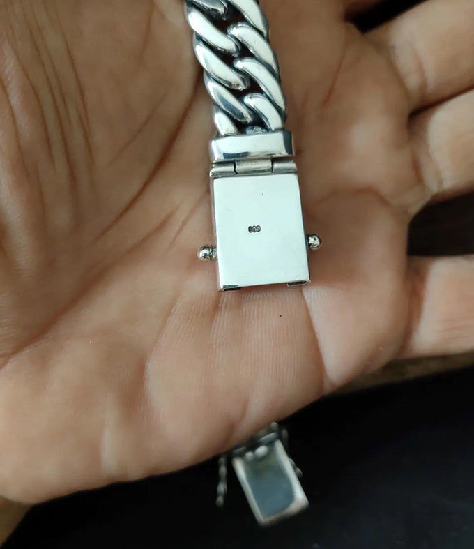 Mens 999 Fine Silver Curb Chain Bracelet: Handmade Balinese Jewelry