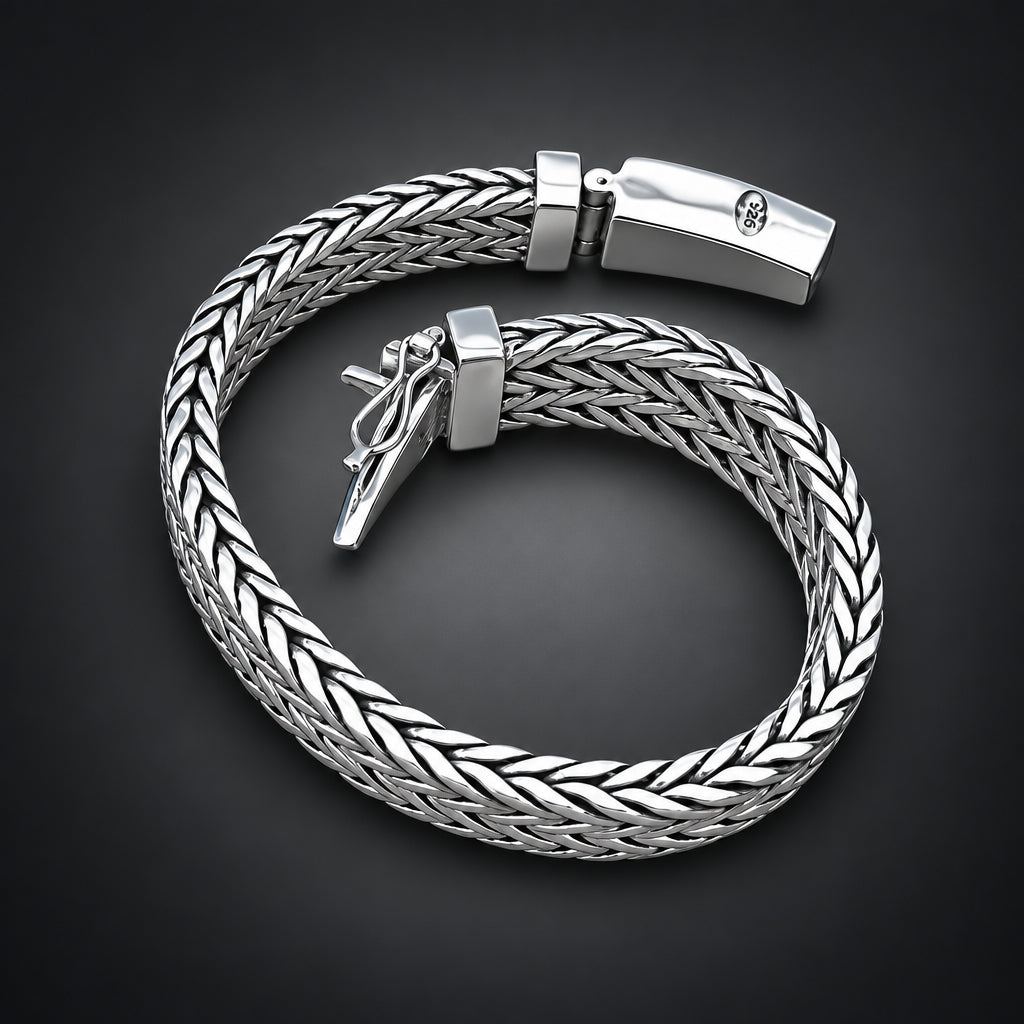 Silver braided bracelet on a hand with a dark background