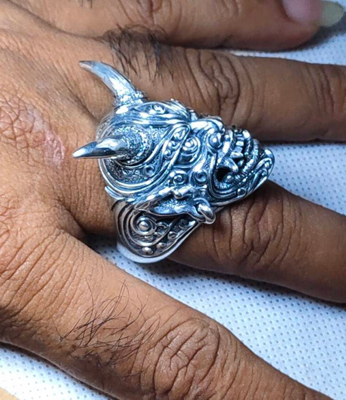 Samurai ring silver, Oni Japanese ring, Handmade jewelry.