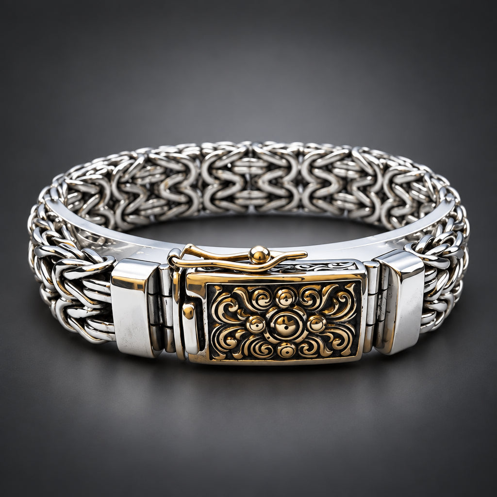 Silver bracelet with intricate design on a dark background