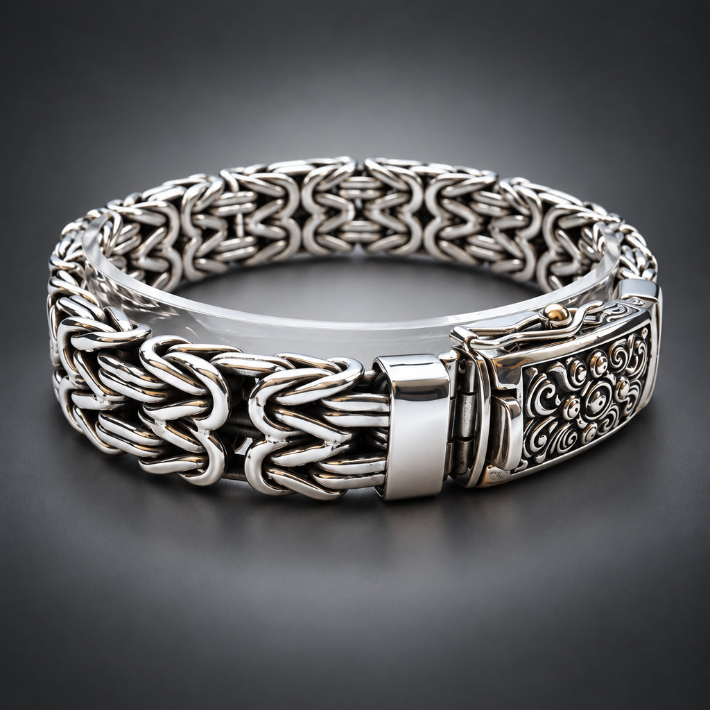 Silver bracelet with intricate design on a dark grey gradient background