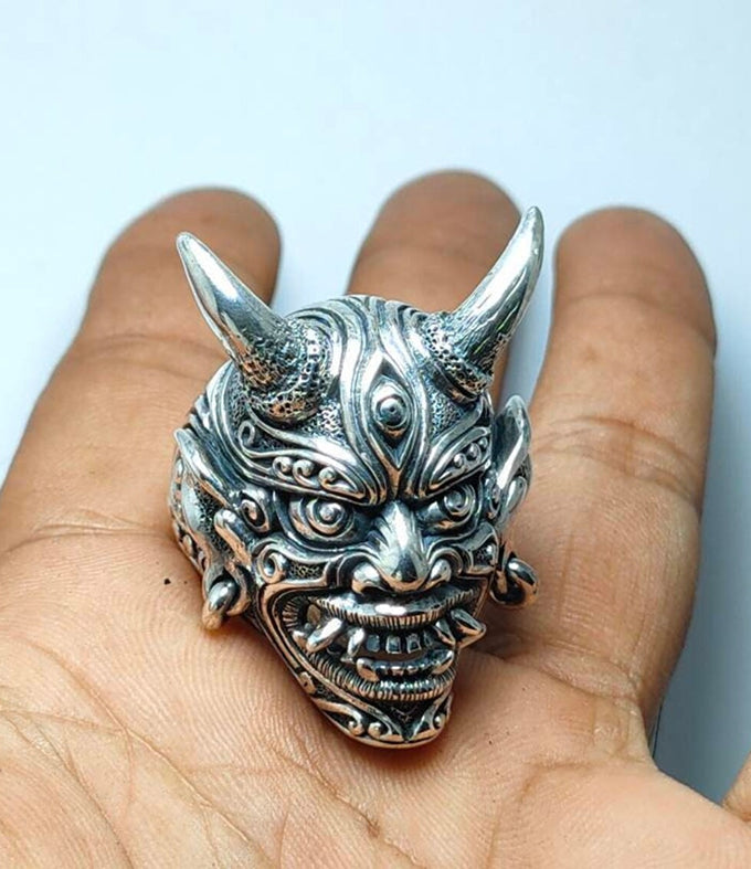 Samurai ring silver, Oni Japanese ring, Handmade jewelry.