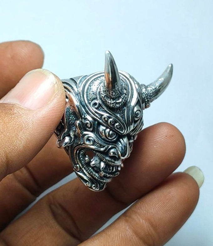 Samurai ring silver, Oni Japanese ring, Handmade jewelry.