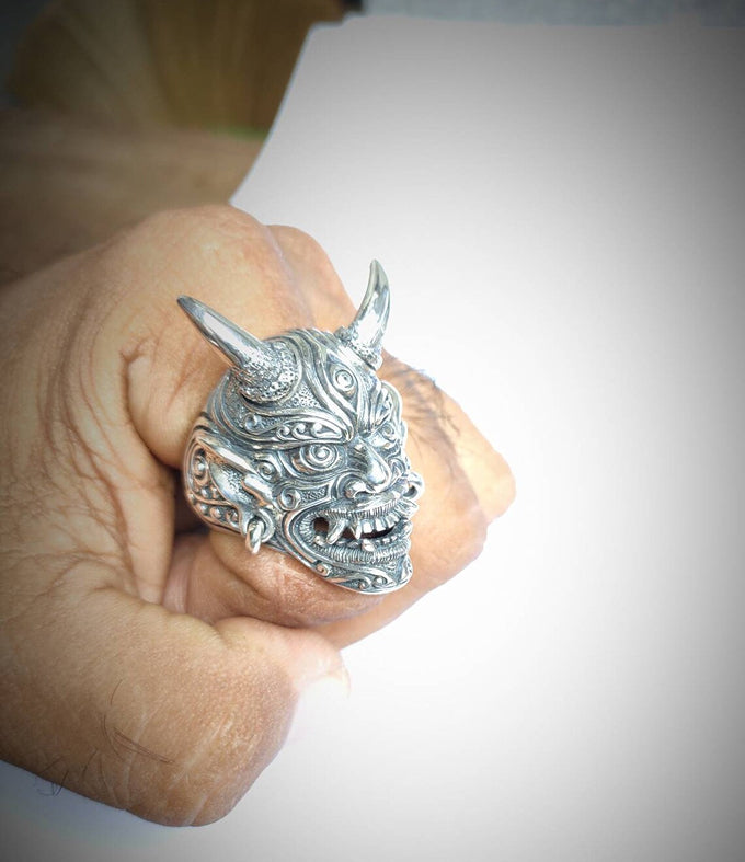 Samurai ring silver, Oni Japanese ring, Handmade jewelry.