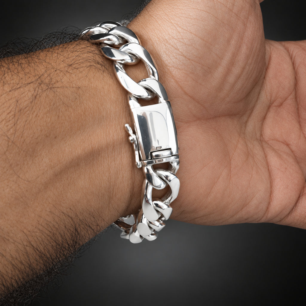 999 Silver Figaro Chain Bracelet: Custom Engraved Mens Jewelry