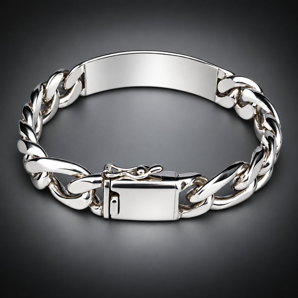 A polished silver-tone metal chain bracelet with a rectangular ID plate and a secure clasp, shown on a neutral gray background.