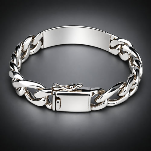 A polished silver-tone metal chain bracelet with a rectangular ID plate and a secure clasp, shown on a neutral gray background.