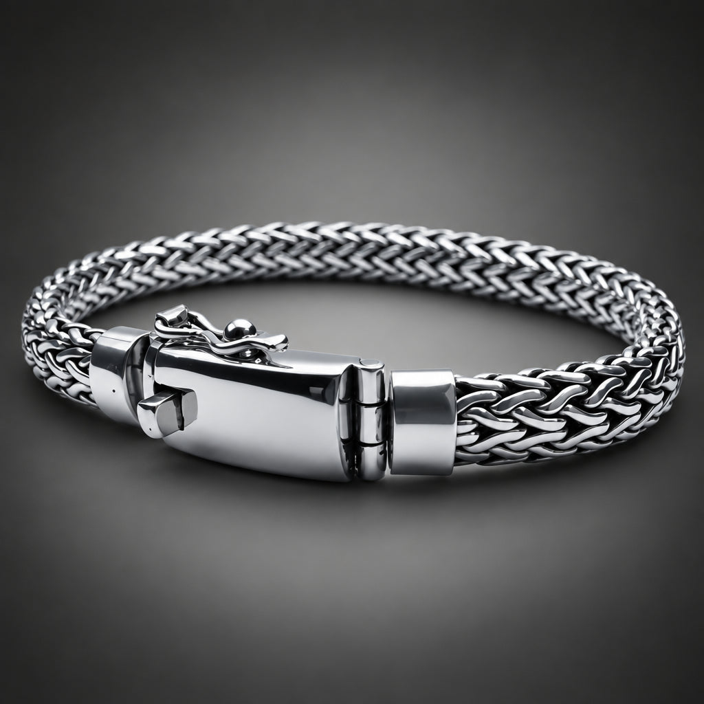 Silver braided bracelet on a dark background