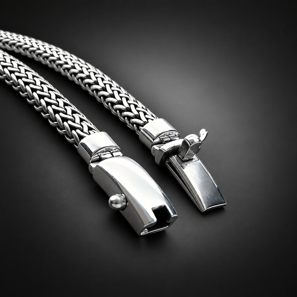 Silver bracelet and pendant on a dark background