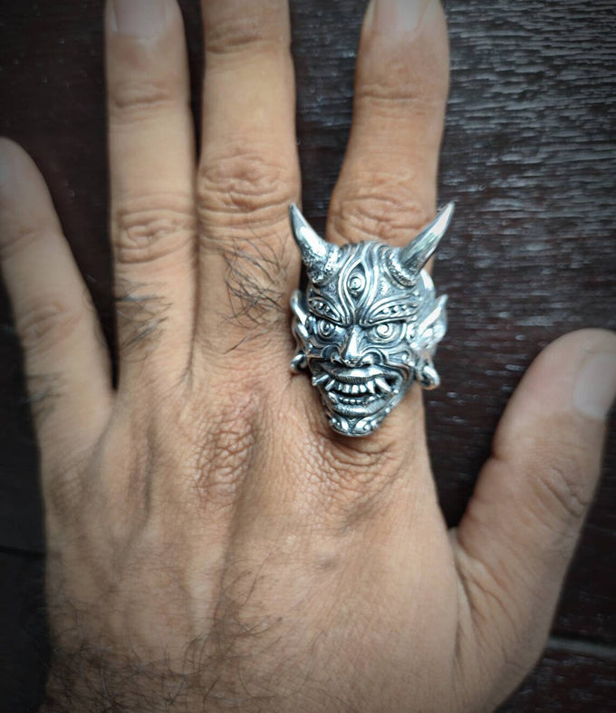 Samurai ring silver, Oni Japanese ring, Handmade jewelry.