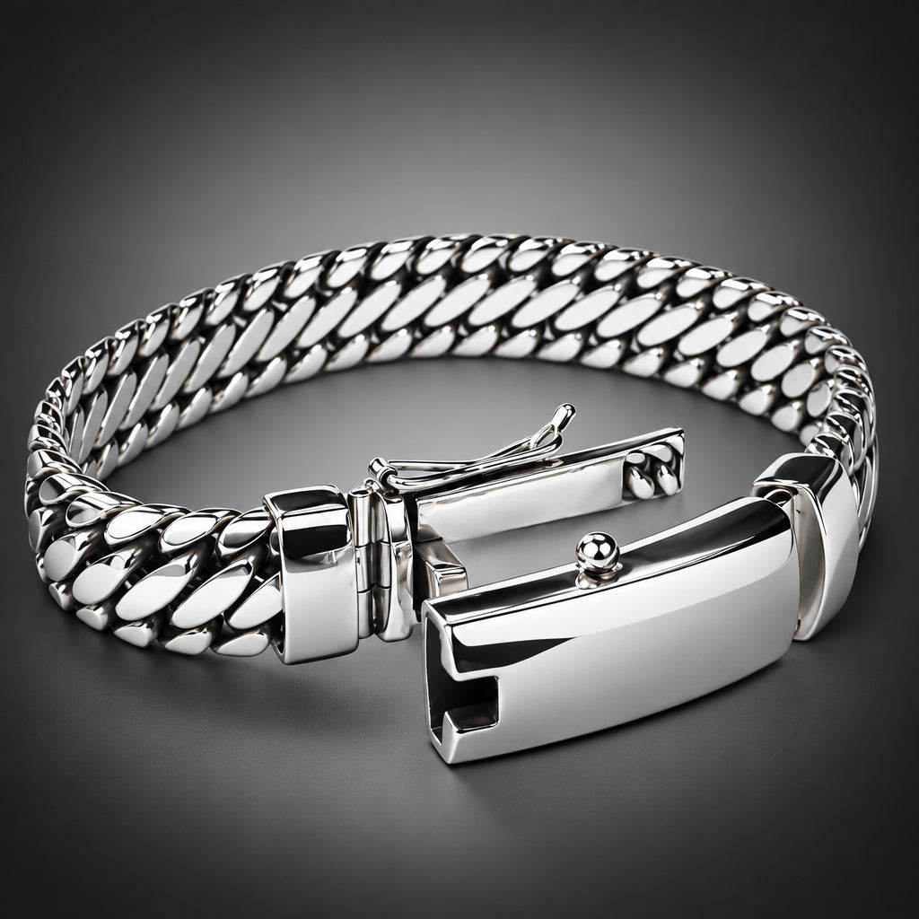 Silver chain bracelet on a light gray background