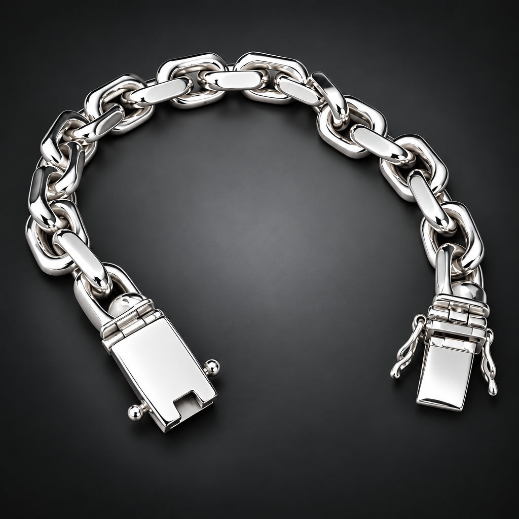 A silver-toned stainless steel chain link bracelet with a padlock clasp, displayed on a dark gray gradient background.