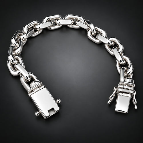 A silver-toned stainless steel chain link bracelet with a padlock clasp, displayed on a dark gray gradient background.