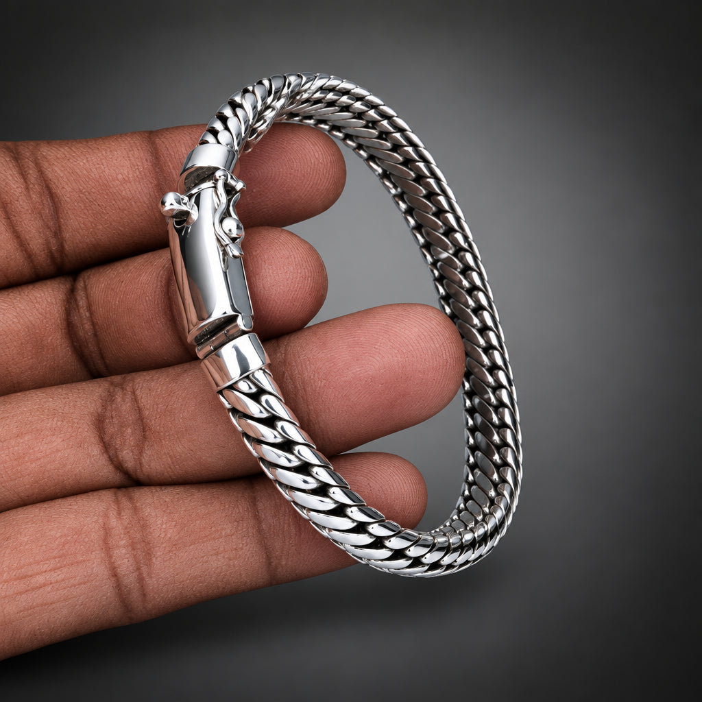 Silver bracelet on a hand with a clear plastic cover