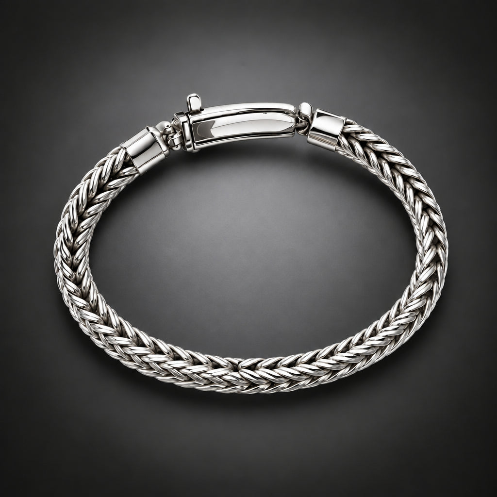A silver braided cable bracelet with a polished clasp, displayed on a dark gray gradient background.