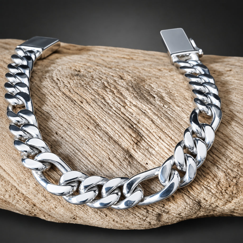 Men’s 10mm 999 Pure Silver Figaro Chain Bracelet